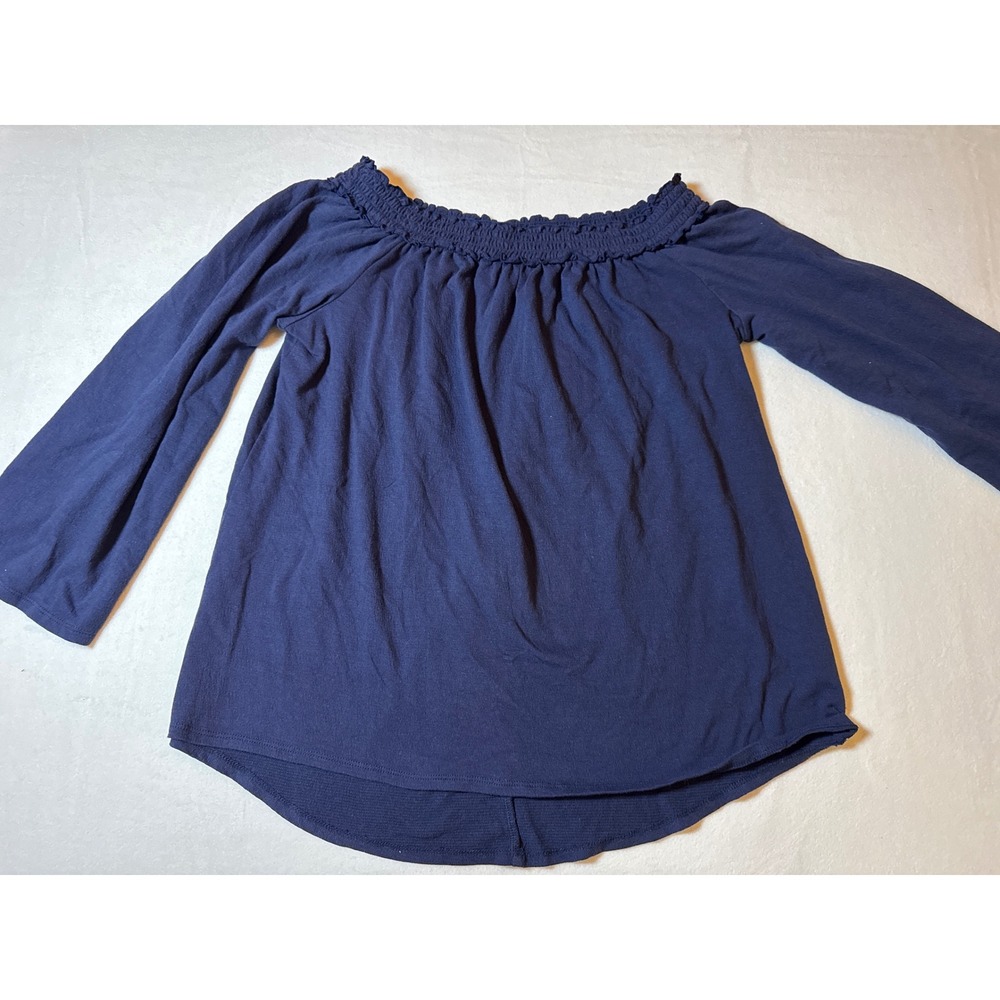Colleen Lopez Navy Blue Smocked Off Shoulder Long Sleeve‎ Top Size L
